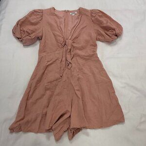Express Women’s Linen Blend Romper Dress Size M Blush Pink Puff Sleeve Tie Front